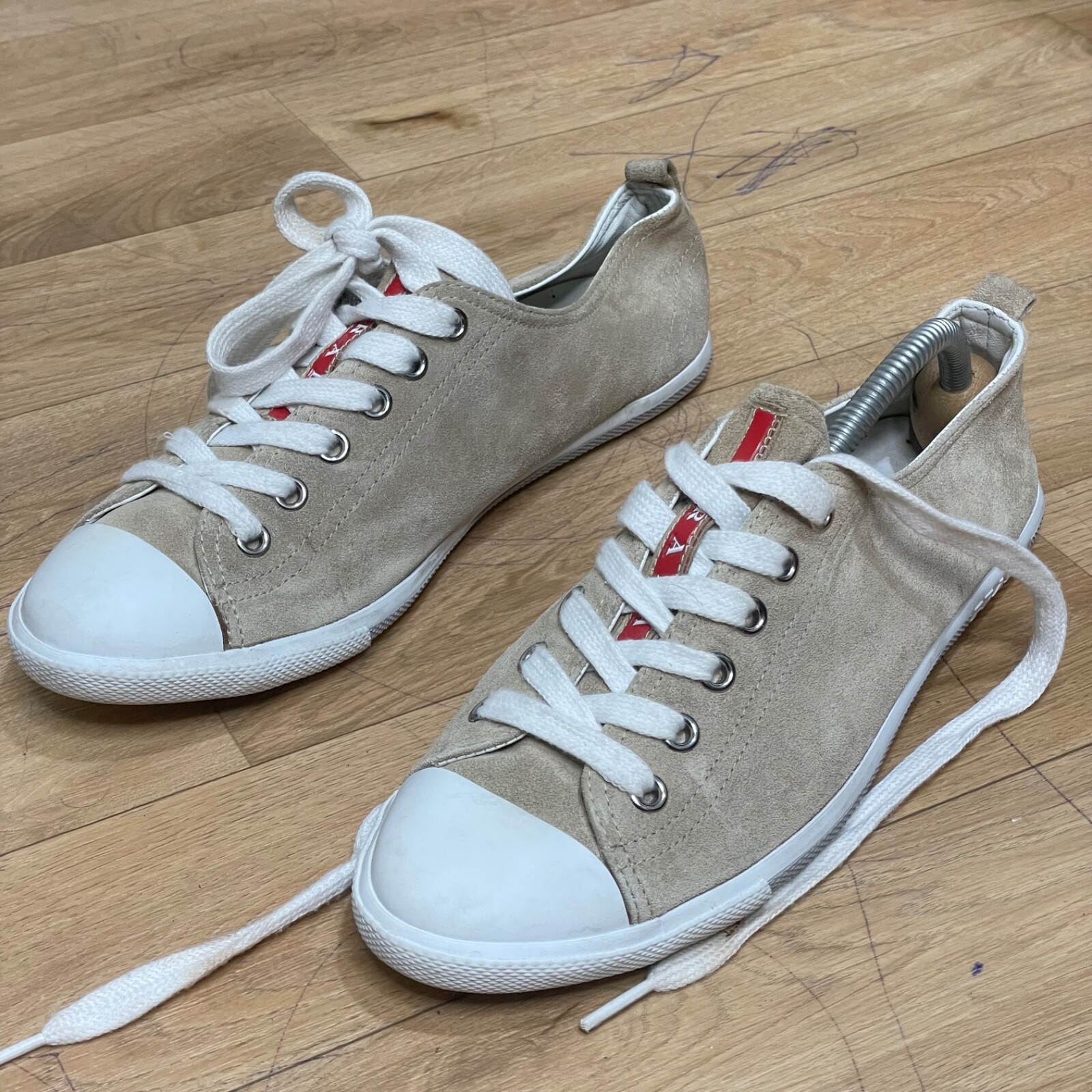 Prada Sport Sneakers Suede Low Top Lace Up Cap Toe BEIGE VTG