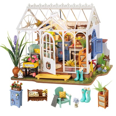 DIY Miniature Dollhouse Kit, Build 9.6'' Greenhouse Diorama Kit Building Set w...