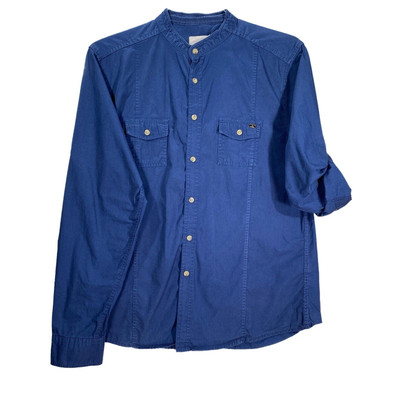 Koton Women's Large Navy Long Sleeve Button Front Pocket Fold Up Sleeve Shirt