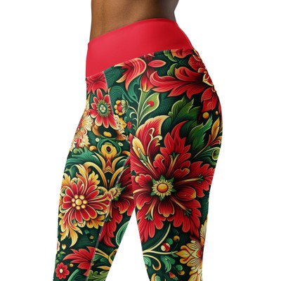 Bold Poinsettia Leggings - Floral Christmas Holiday Women High Waist Yoga Pants