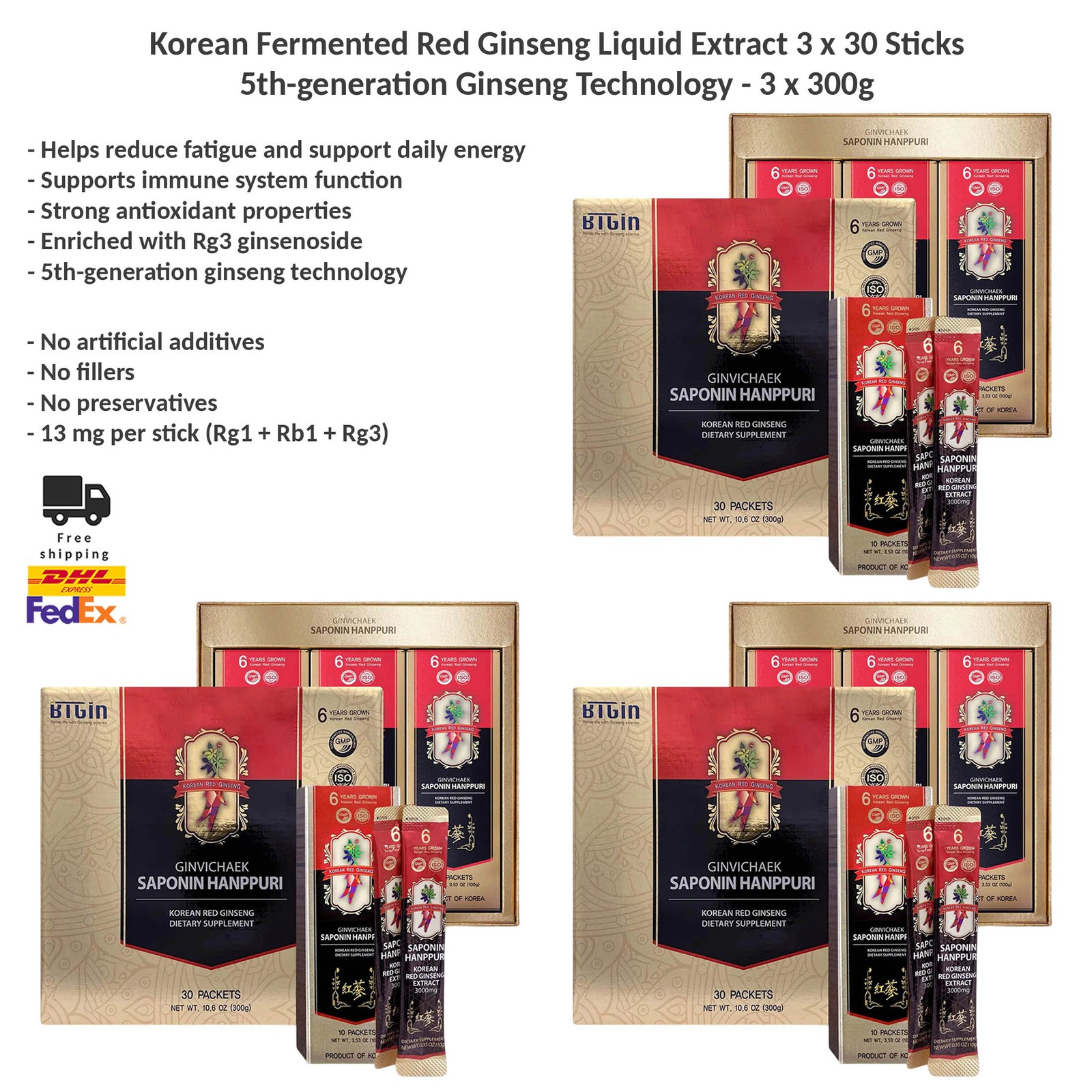 Korean Fermented Red Ginseng Extract 30 Liquid Premium Sticks Rg3 3x300g