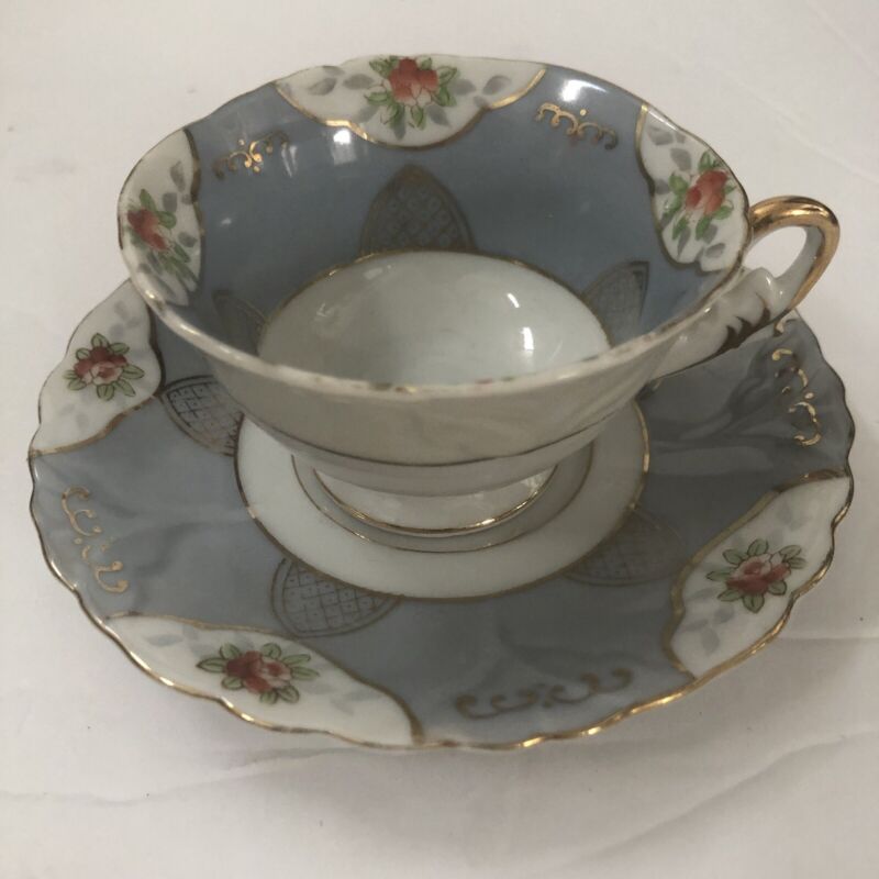 UCAGCO China Blue Tea Cup Saucer White Gold Vintage Occupied Japan Hand Painted