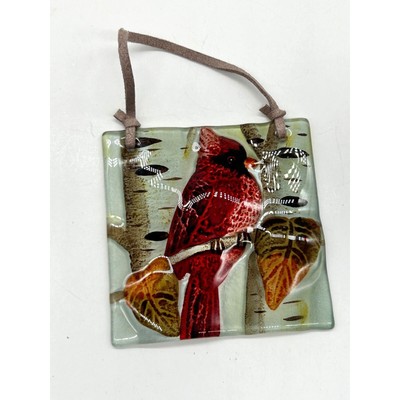 Painted Glass Redbird Cardinal Suncatcher Art Glass Ornament 4 3/8'' x 4 1/4''