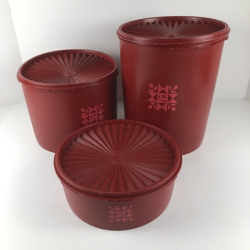 3 Piece VTG Tupperware Canister Red Tulip Quilt 3 w/ Lid