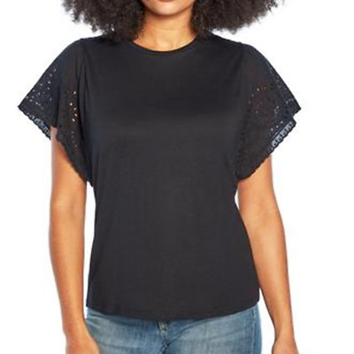 GAP Women's SM Eyelet Flutter Short Sleeve Scoop Neck Shirt (True Black)