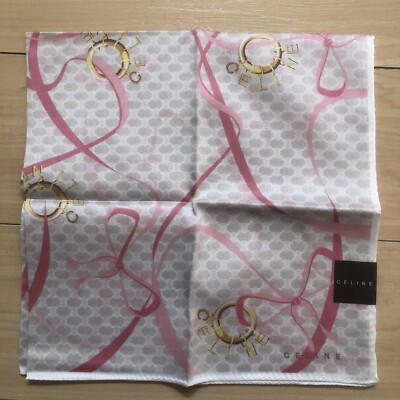 New Vintage CELINE Handkerchief Scarf Bandana Macadam Logo Charms Pink Ribbon