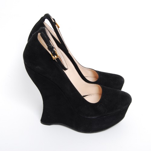 A.PRESSE 3rd Type Suede 46 ほぼ未使用品　定価30万 PRADA Women Black Pumps Suede Solid Ankle Strap Wedge High