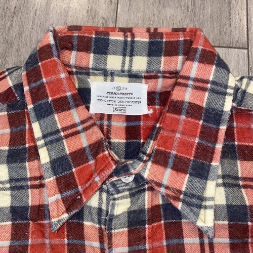 Vtg Flannel Shirt Mens XL Sears Perma Prest Red Navy Plaid 60s 70s Long  Sleeve