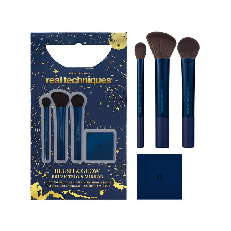 Blush & Glow Face Makeup Brush Set with Compact Mirror, 4 Piece