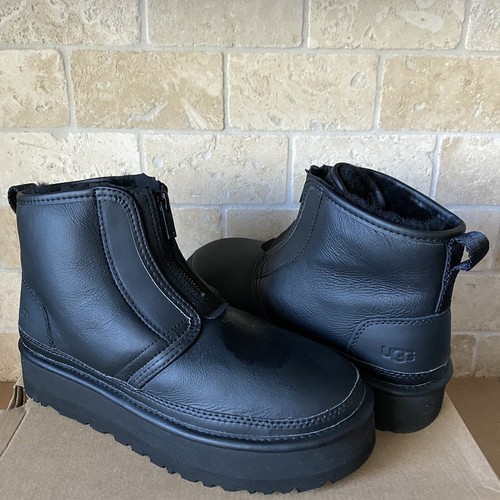 UGG ULTRA BLACK MATTE NEUMEL PLATFORM ZIP LEATHER WOOL BOOTS