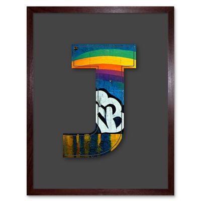 Letter J Pride Rainbow Decorative Graffiti Initial Wall Art Print Framed 12x16"