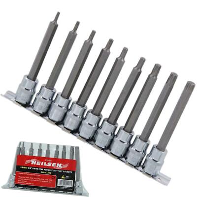Neilsen 9pc Extra Long 6 Sided Star Plus Security Bit Sockets 3/8'' Drive Hex Set