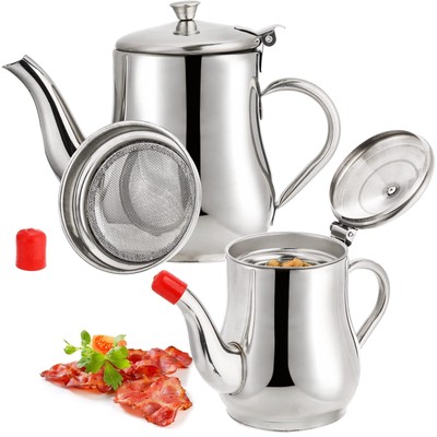 2 Pack Bacon Grease Container with Mesh Strainer, 32oz 24oz Stainless Steel O...