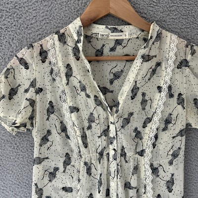 Vintage Inspired Bird Top Womens S Small Sheer Cottage Babydoll Granny Retro