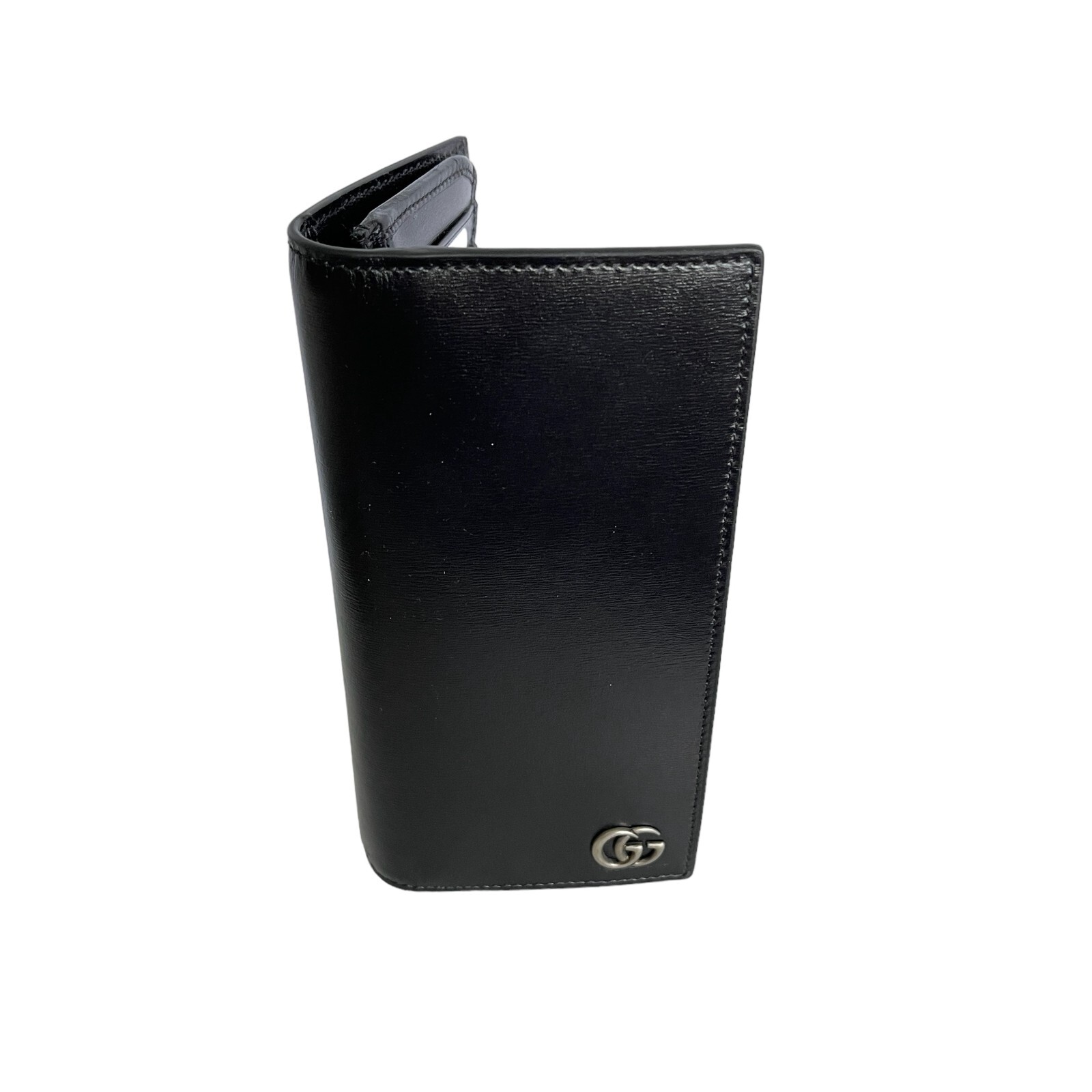 Pre-owned Gucci 428740 Men's Black Leather Gg Marmont Vertical Wallet, Boarded Plutone