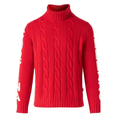 Pre-owned Mc2 Saint Barth Man Turtleneck Braided Sweater With Cortina Ampezzo Print In Red