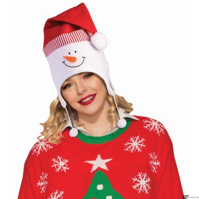 Funny Snowman With Santa Hat Pom Poms Party Hat, White Red, One-Size 6.7"