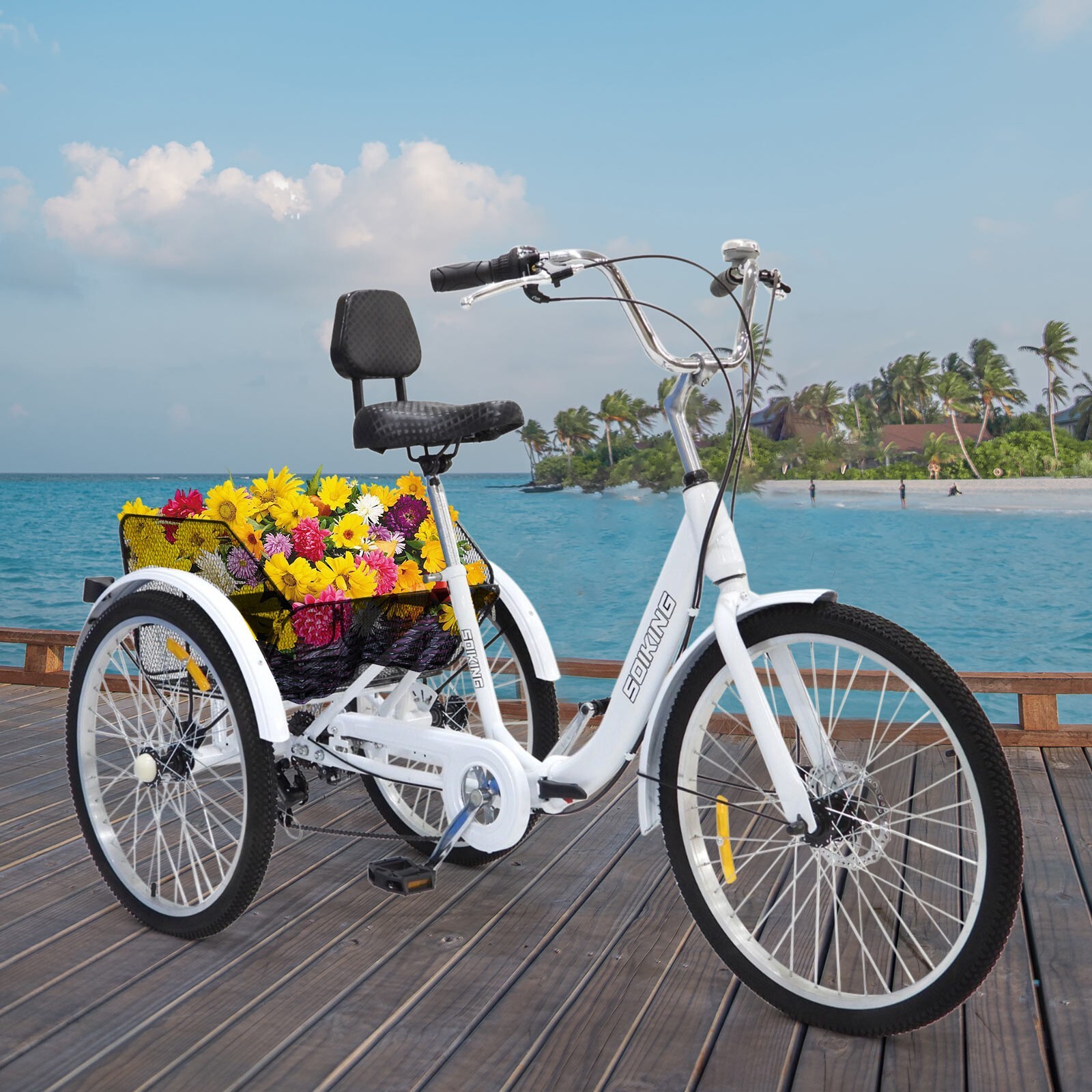 Folding Adult Tricycle 24'' 7-Speed 3 Wheels White Trike Bike W/ Shopping Basket