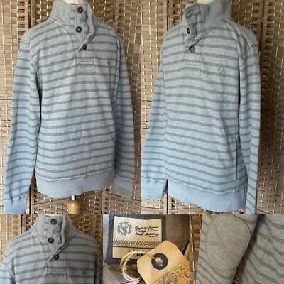BNWT FAT FACE Grey Striped 100% COTTON Button Neck Sweatshirt S 40 