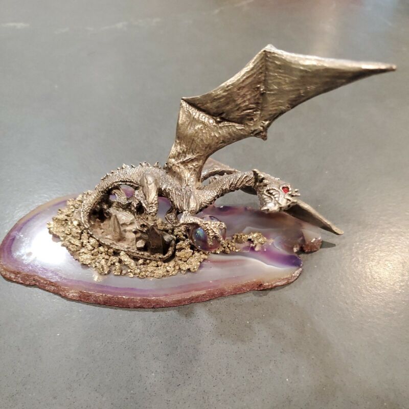 Fine Pewter Dragon W/Crystal Ball on Colorful Agate Geode 