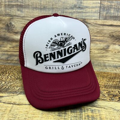 Bennigans Mens Trucker Hat Maroon Snapback Restaurant 1970s Logo Baseball Cap