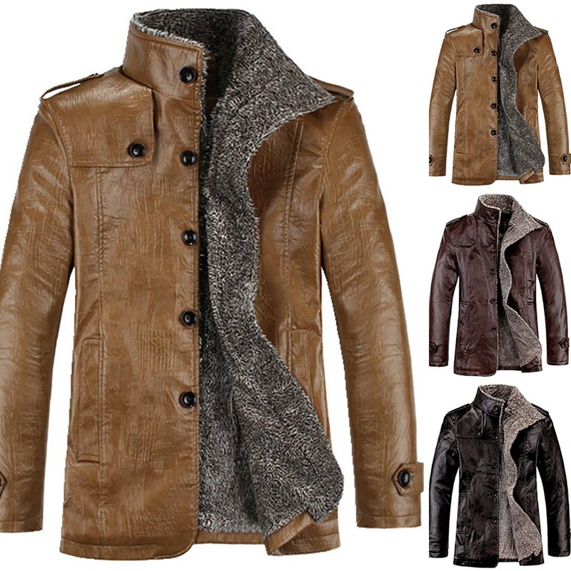 Herrenmode Lederjacke Bikerjacke Motorradjacke Stehkragen Knopf Warmer Jacken