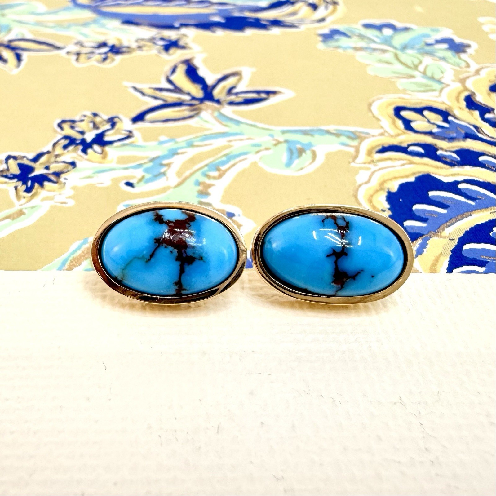 14k Yellow Gold Egyptian Turquoise Custom Made Stud Earrings, New Pair #1 - Picture 8 of 8