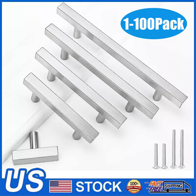 Brushed Nickel Kitchen Square Cabinet Handles Drawer Pull Knobs Stainless Steel
