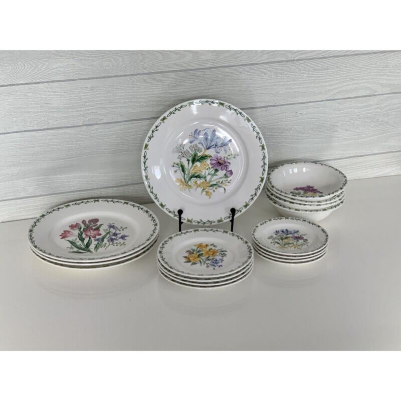 16 Pc Thomson Pottery Floral Garden 4-4 Pc Place Setting Plates Bowls-Retired