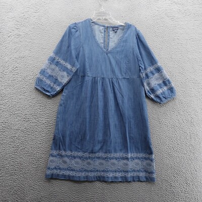 J Jill Denim Lace Trim Dress Small Blue Womens Boho 3/4 Sleeve Pullover