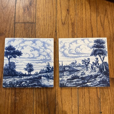 Two Vintage Dutch Holland Blue and white tiles Delft Blue Hand painted 6 