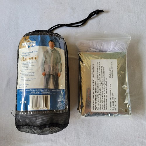 Clear PVC 2-Piece Rain Suit Raincoat Jacket Pant & Emergecy Shelter and Rope