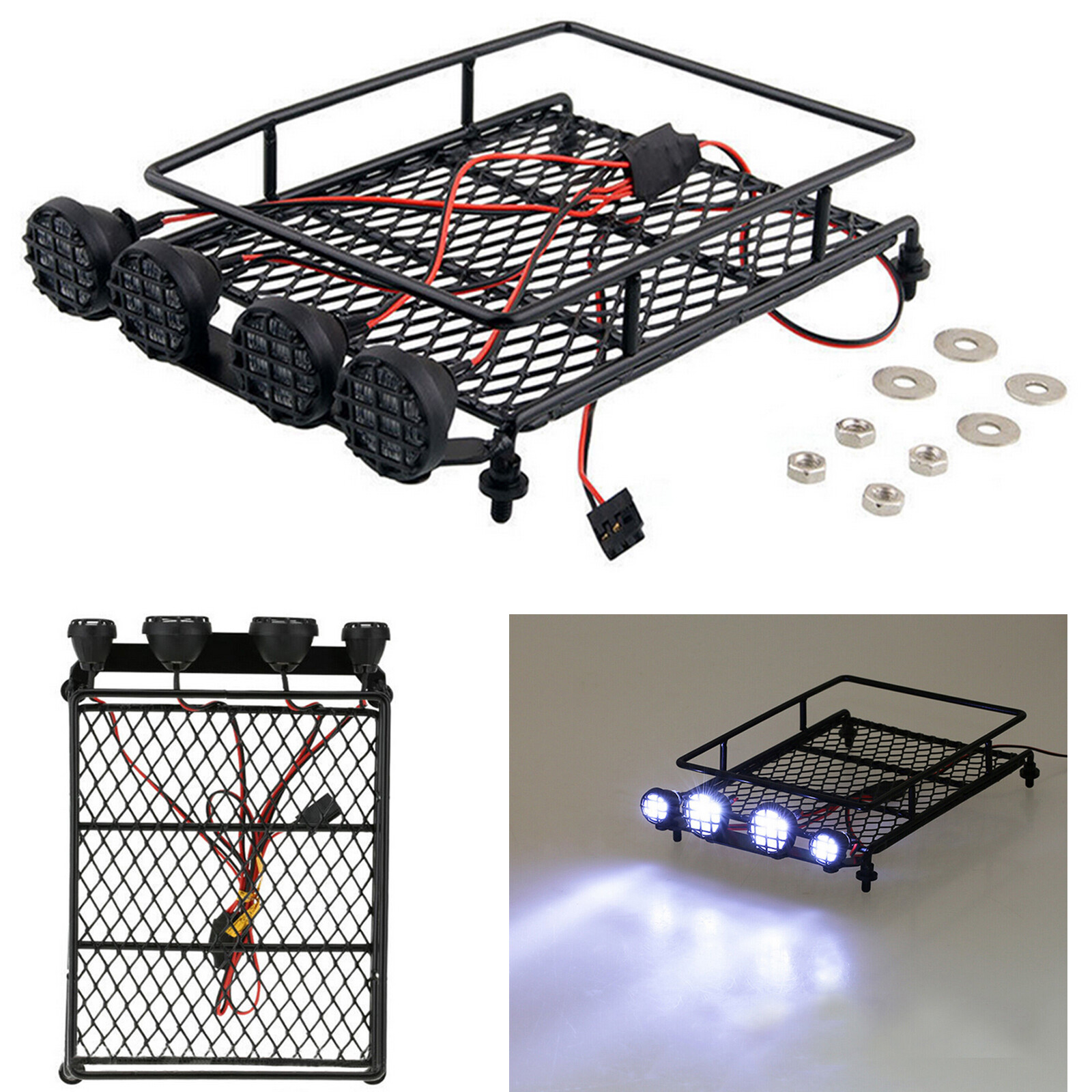 RC Dachgepäckträger Mit LED-Lichtleiste – Für 1:10 Crawler Wie Axial SCX10, HPI CC01, D90
