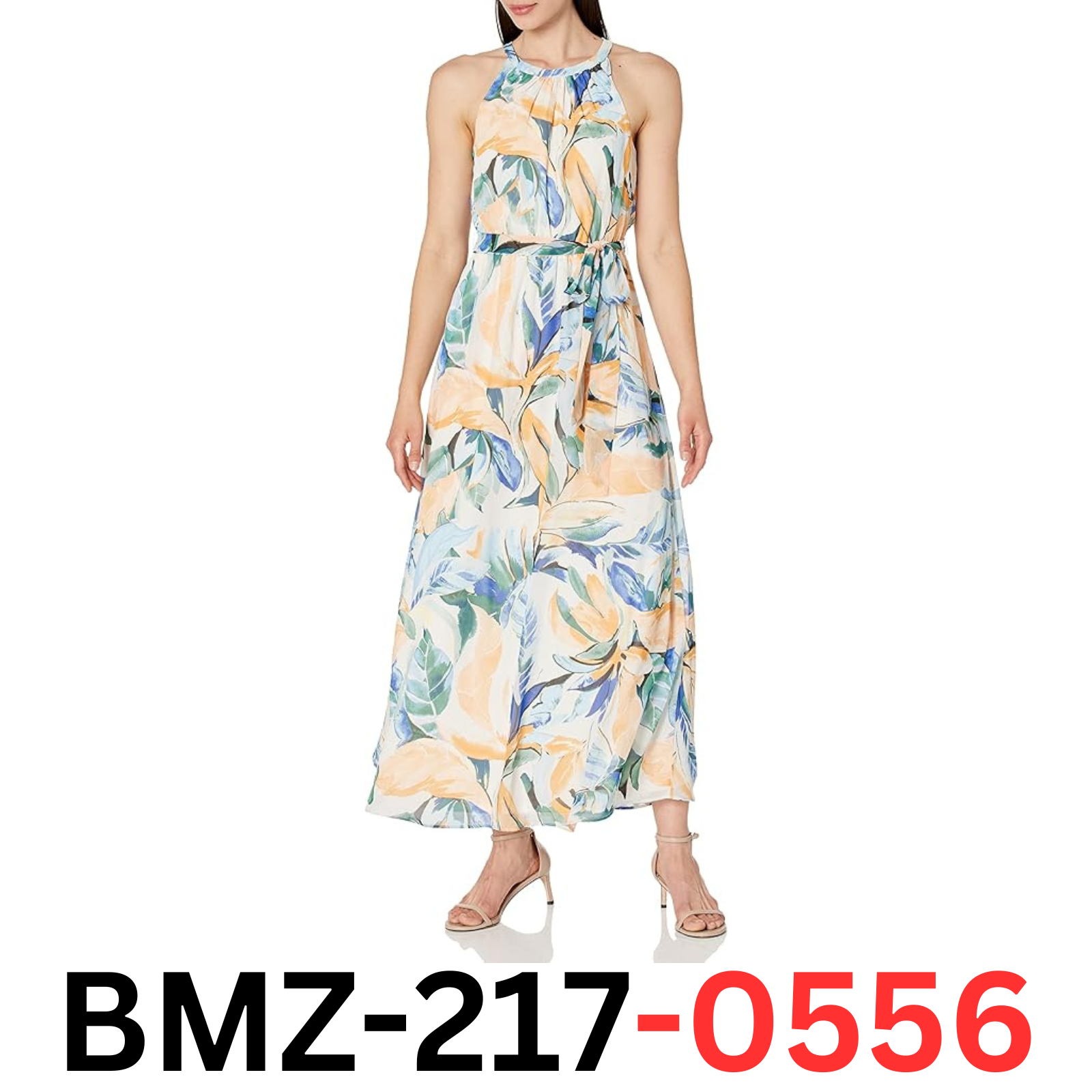 Nine West Women's Lillian-Maxi Halter Dress NO Smocking, Blue Multi, XS