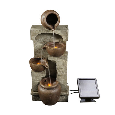 Solar Power Water Fountain Feature LEDs Battery Back Up Outdoor Zen Garden