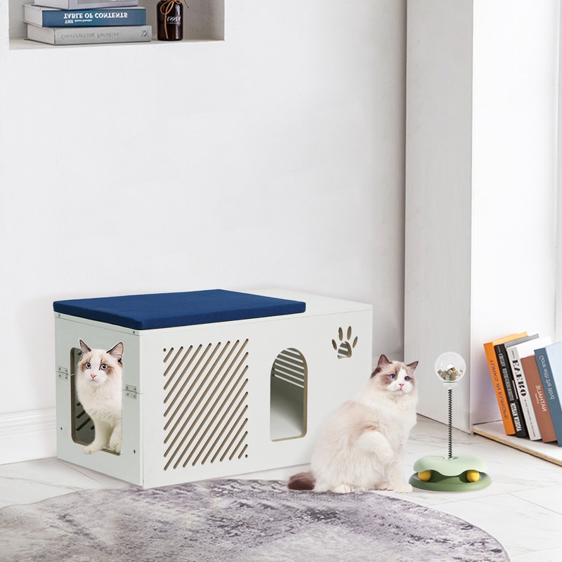 Cat Litter Box Furniture Hidden House Wood Storage Bench Enclosure Cabinet Feed