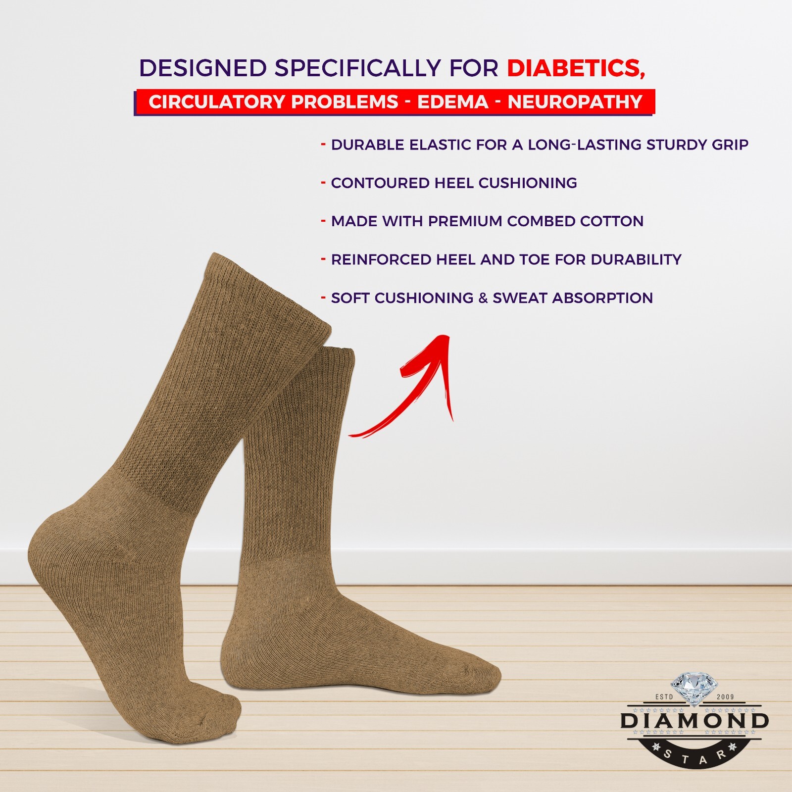 3 Pairs Men Diabetic Health Circulatory Cotton Crew Socks Beige 9-11 10-13 13-15