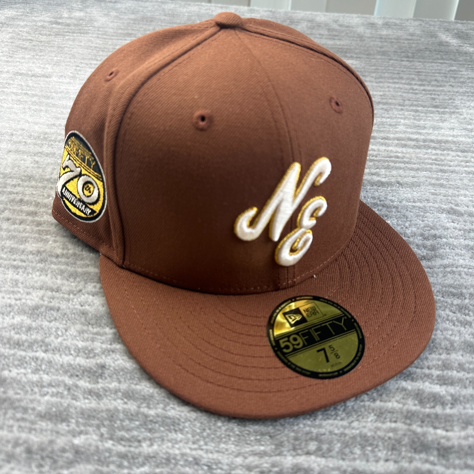 New Era Hat Cap Mens Fitted 7 5/8 Brown 70th Anniversary