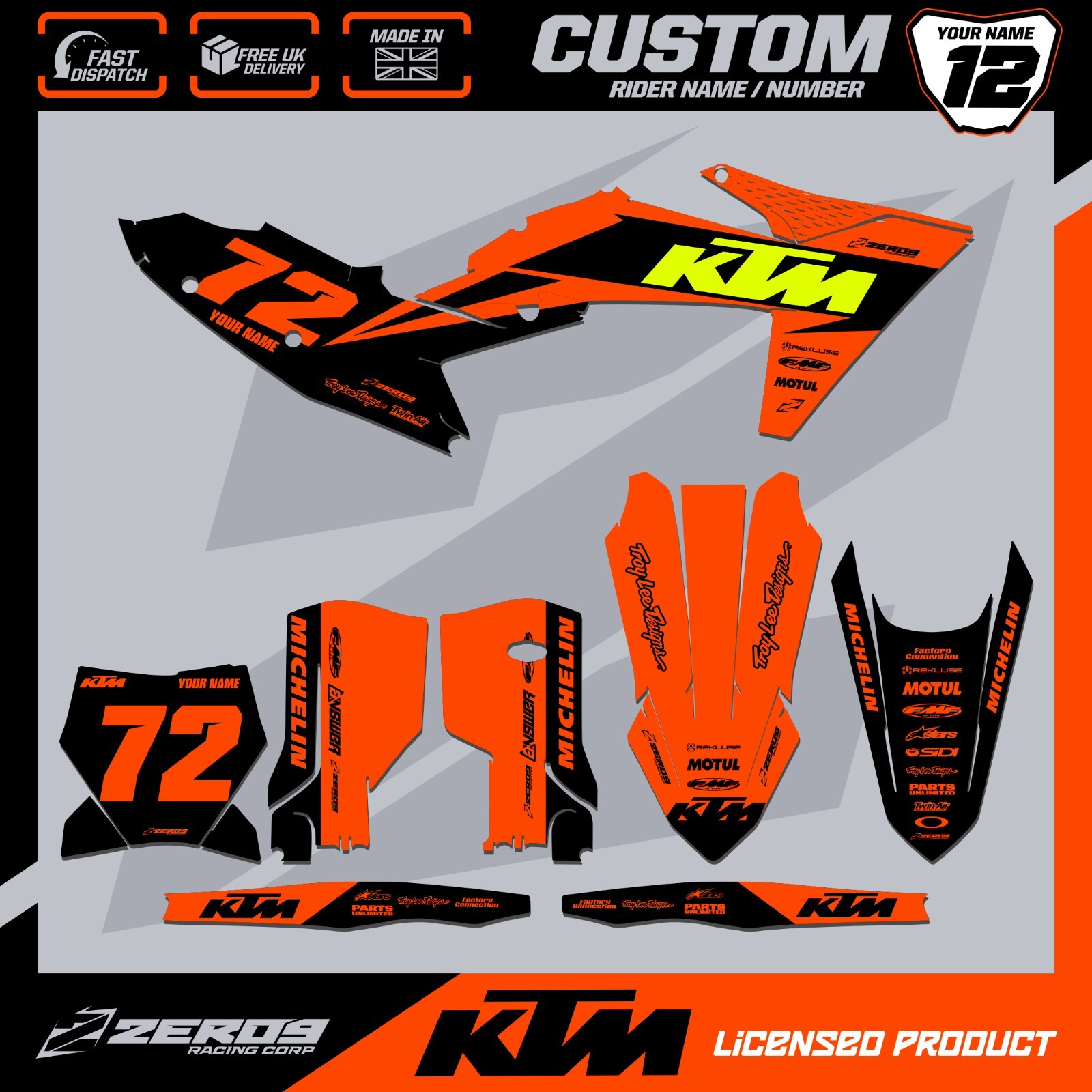 KTM MOTOCROSS GRAPHICS, CUSTOM MX GRAPHICS KIT , SX SXF EXC EXCF TUFF ORG/BLK