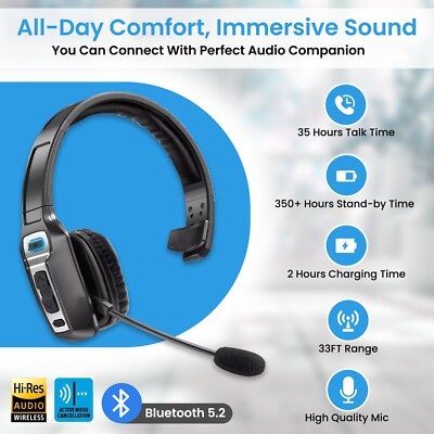 Trucker Bluetooth Headset Wireless 5.2 With Noise Cancelling Mic For Phones PC