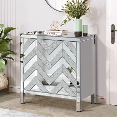 Storage Cabinet Cupboard with Mirror Trim and Diamond Shape Design for Entryway