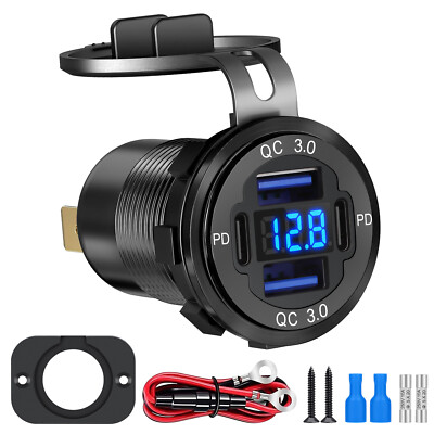 12-24V 4 Port Fast Car Charger QC3.0 & PD USB C Outlet Socket for Boat RV Marine