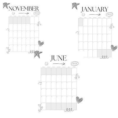 2024 DIGITAL MONTHLY PLANNER HANDMADE BLACK & WHITE GIRL BOY CUTE