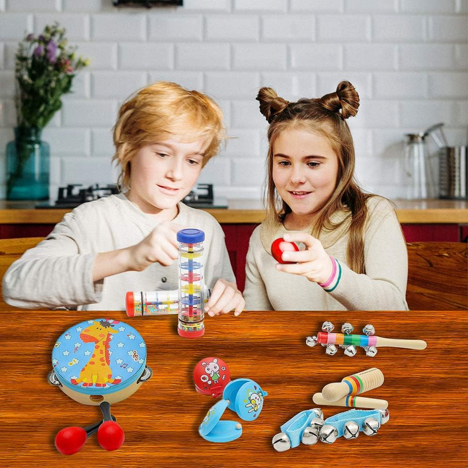 Juguetes musicales para bebés, tambor de percusión, pandereta de madera (rojo)