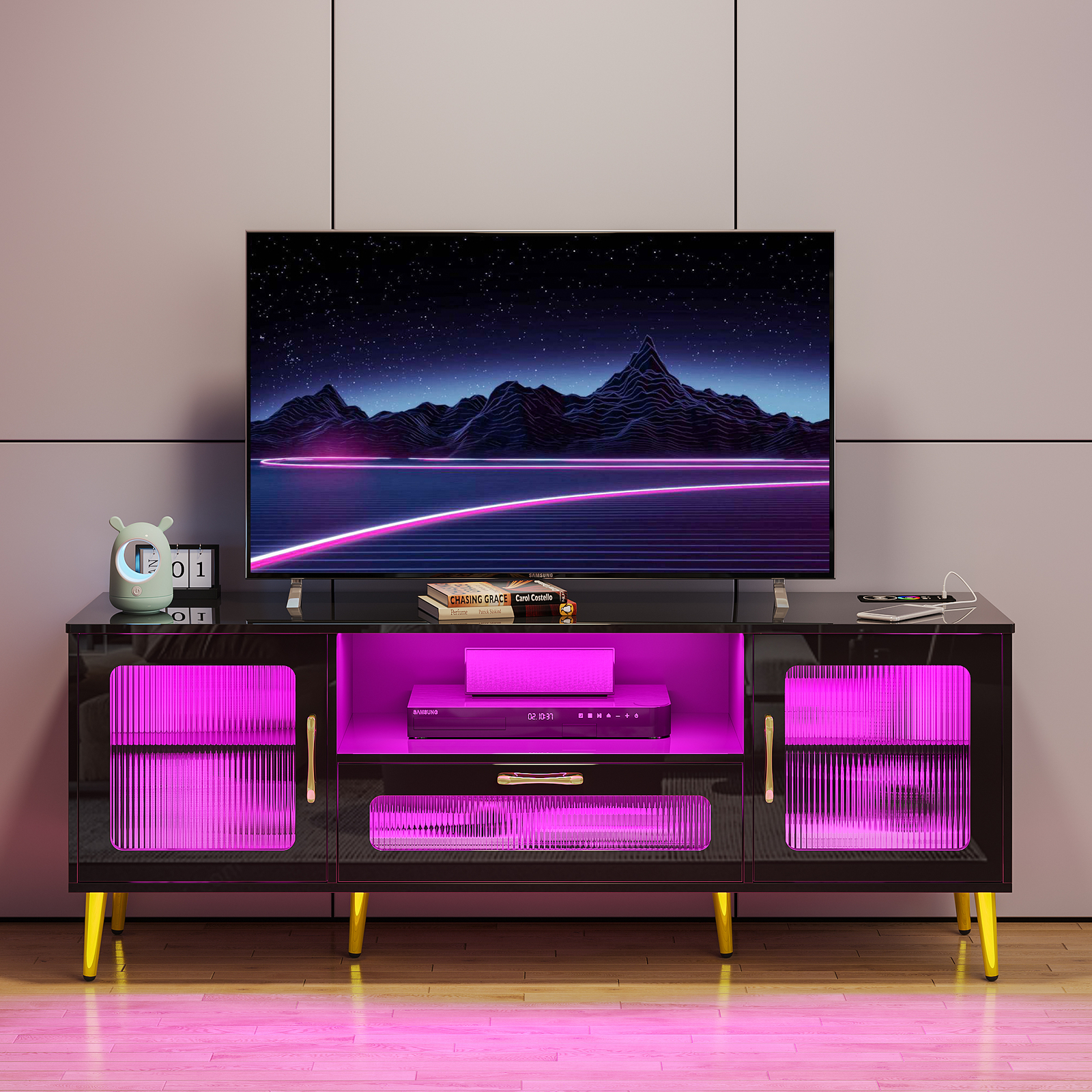 TV stand Human Body Sensor Gloss White LED leght Gloss Black Acrylic Panels