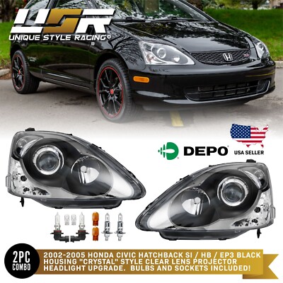 DEPO JDM Black Projector Headlight + Bulb For 2002-2005 Honda Civic 3D Si HB EP3