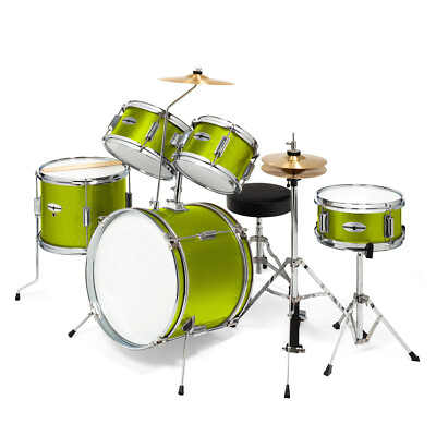 Junior Drum Set with Brass Cymbals - 5-Piece Starter Kit - Green