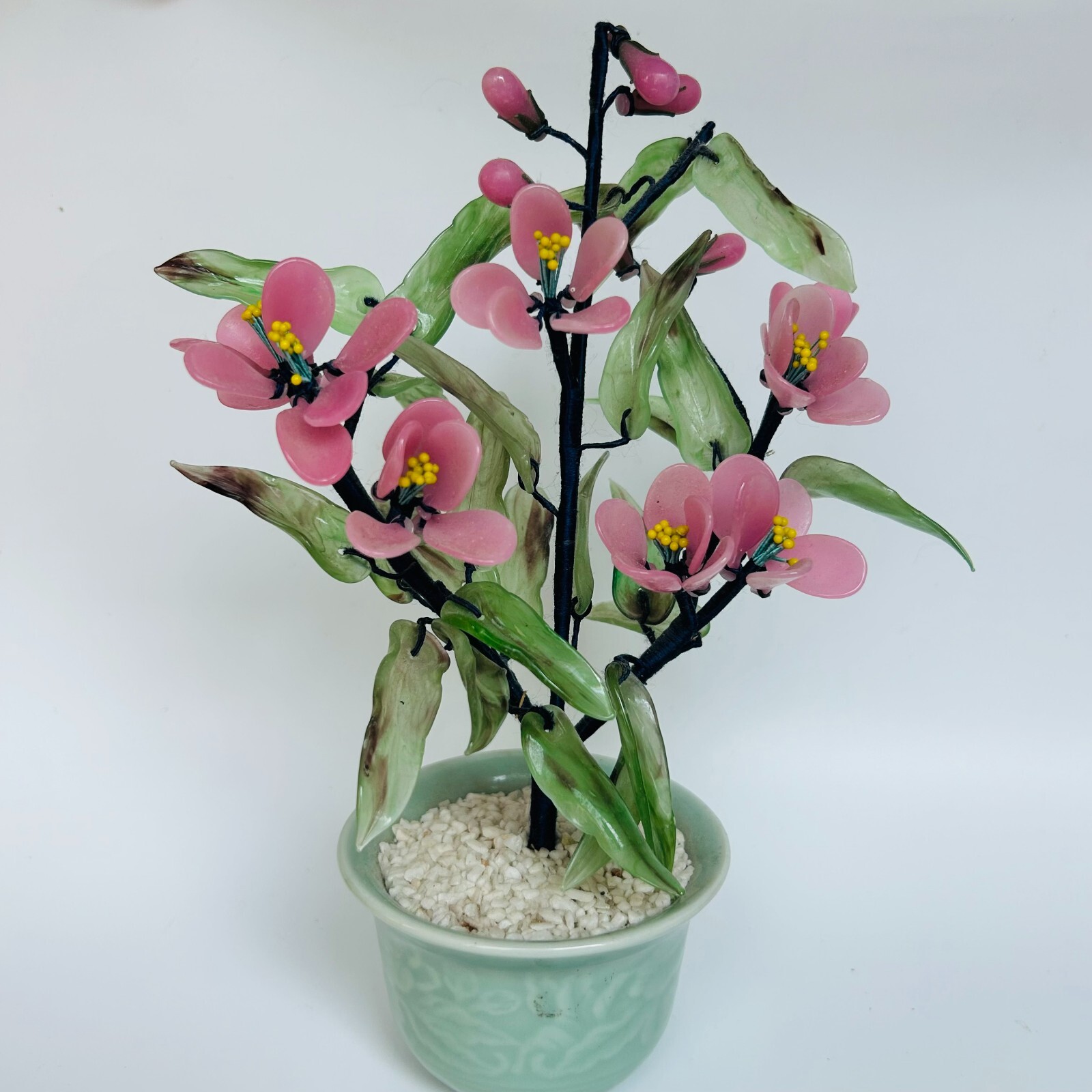 盆栽 piera Jade Leaf Pink Cherry Blossom Bonsai Tree In Glazed Pot 8.5