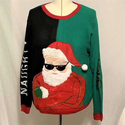 Ugly Christmas Sweater Naughty Nice Santa Sunglasses Split Sequins Men Women XL
