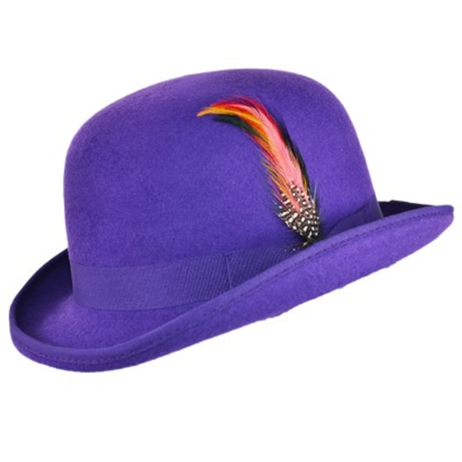 Quality PURPLE 100 Wool Bowler Hat with Removable Feather Satin Lined